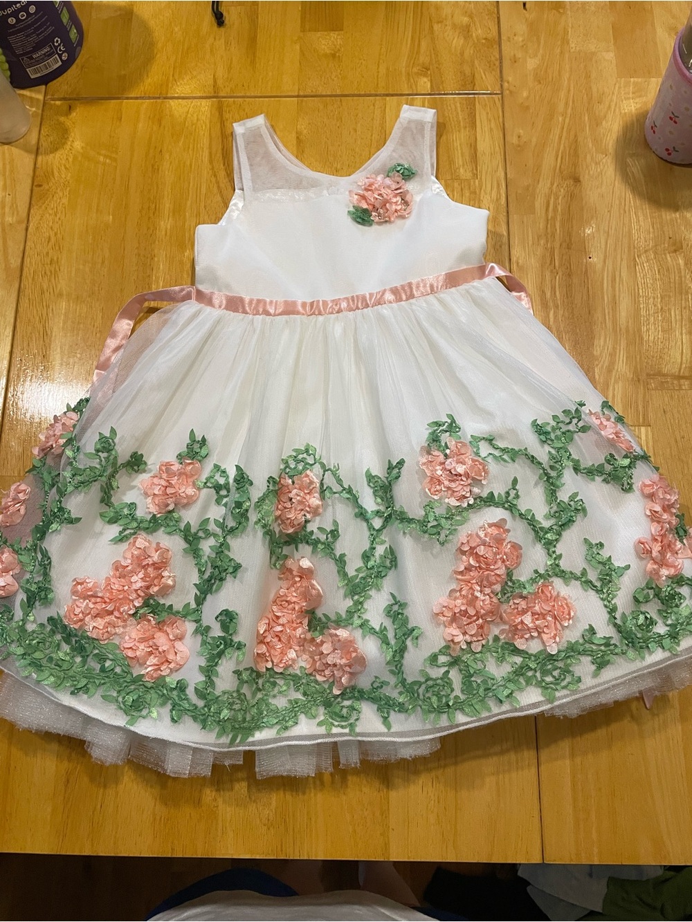 American Princess White Dress with Pink Floral Appliqués and Green Embroidery